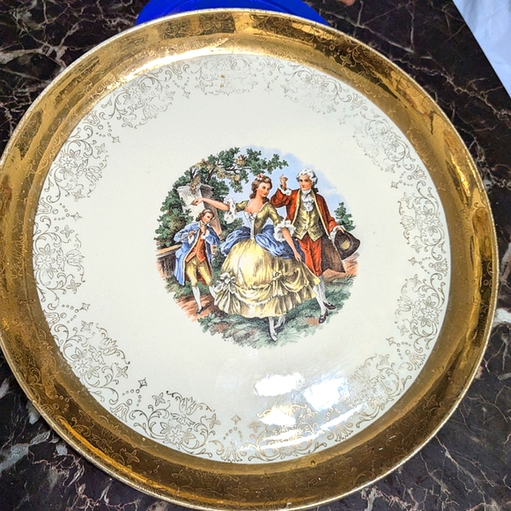 Vintage Sabine Gold and Cream Serveware 22K Plate with Elegant Colonial Design
